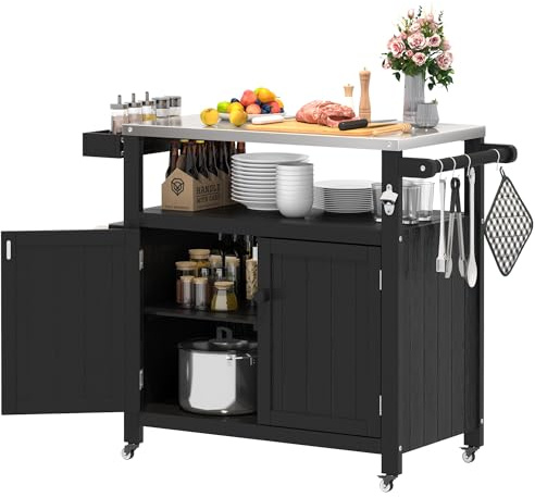 TinFrey Isla de Cocina con Ruedas, Carrito de Cocina de Madera con encimera, Armario de Cocina, Carrito de Servicio Exterior Barbacoa para Exteriores para preparación de Alimentos, parrilladas, Bar