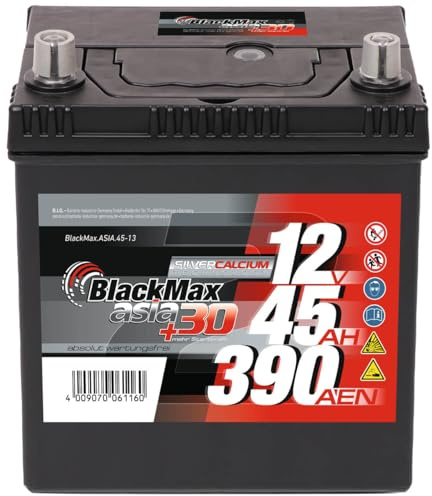 BlackMax ASIA 45-13 Autobatterie 12V 45Ah 390A EN, Asia Starterbatterie, Pluspol links, Dünnpol, B00, 187 x 127 x 227 mm, wartungsfrei und direkt einsatzbereit