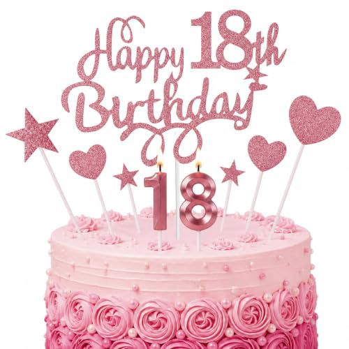Geukmun 18th Birthday Cake Topper Set with Candles Birthday Decorations | Number 18 Candles Rose Gold Birthday Decorations Heart Star Glitter Cake Picks for Girls Birthday Party Anniversary Supplies