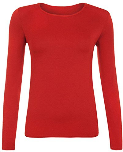 Women Long Sleeve T-Shirt Top Basic Casual Plain Stretch Vest Body Blouse Tee Layering, S/M 8-10, Red