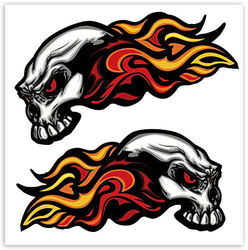 SkinoEu® 2 Stück Vinyl Aufkleber Autoaufkleber Schädel Totenkopf Mit Flammen Feuer Stickers Auto Moto Motorrad Fahrrad Helm Fenster Tür Tuning B 35