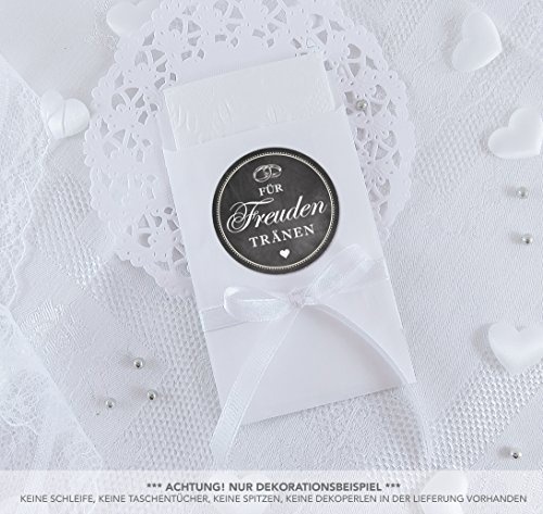 Freuden Tränen Taschentücher Set zur Hochzeit Groß 48 Sticker + weiße Flachbeutel - 63 x 93 mm für Freudentränen Taschentuch Verpackungen Aufkleber mit Ringe im Kreidetafel Look SCHWARZ