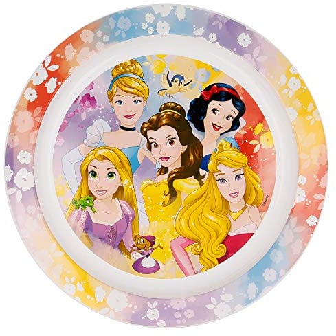 Piatto Piano Disney Originale Princess per bambini in plastica riutilizzabile, adatto al microonede, lavabile e riutilizzabile.