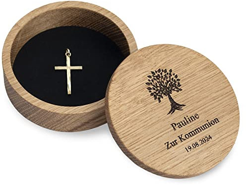 Schmuckdose aus Holz mit individueller Gravur, personalisiertes Schmuckkästchen, runde Schmuckschatulle für Ohrringe, Kette, Ringe, Rosenkranz uvm.