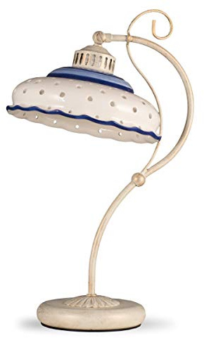 Tischlampe Keramik shabby weiß blau handbemalt Landhausstil Nachtischlampe | Helios Leuchten 4071410 Tischleuchte antik-weiß lackiert, handgefertigter Keramikschirm weiß blau bemalt, Hygge Landhaustil