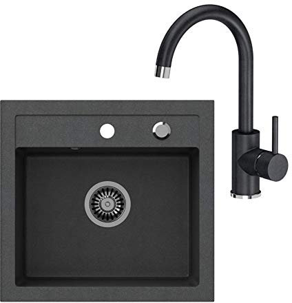 VBChome Spülbecken + Armatur 50 x 47 cm Schwarz Spüle Einzelbecken Küche Einbauspüle Verbundspüle Küchenspüle gesprenkelt flächenbündig + Siphon Waschbecken