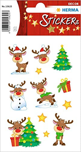 HERMA 15625 Aufkleber Rentier Rudolph klein groß, 24 Stück, Weihnachten Sticker mit Weihnachtsbaum Motiv, Kinder Etiketten für Weihnachtsdeko Geschenke Adventskalender Winter Dekoration DIY Basteln