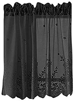 Betos Küchen-Vorhänge, Voile Kurzstore Vintage Kaffee Bistrogardine Vorhang Spitze Scheibengardine Kurzgardine Landhausstil halbtransparente Gardine, Schwarz 74*90cm