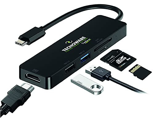 Tecnoware Power Systems - Hub USB Type-C 5 in 1, Porta HDMI 4K, USB 3.0 e 2.0, Slot SDXC e Micro SD, Compatibile con Notebook, Tablet e Smartphone, Nero, Adattatore