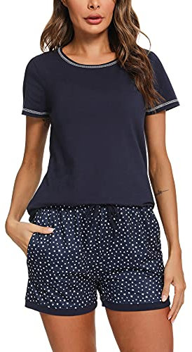 Litherday Pyjama Femme Ete Short à Manches Courtes Ensemble de Pyjama Coton Vêtements de Nuit Impression à Carreaux Confortable Doux Respirant,A Bleu Marine,M