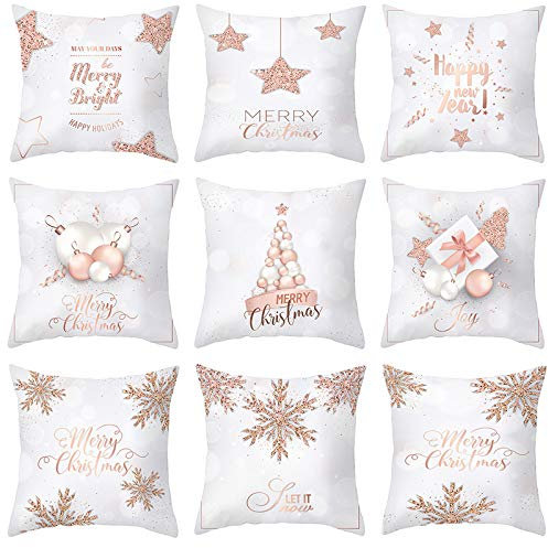 Set di 9 federe per cuscini natalizi Merry Christmas, 45 x 45 cm, con motivo a fiocchi di neve, albero di Natale, renna, federa decorativa per divano e divano (rosa)