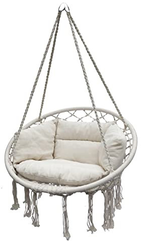 Spetebo Relax Hängesessel 80 cm inklusive Kissen - Natur - Hängekorb für Innen und Außen - Schwebe Hänge Sessel Korb Schaukel aus Baumwolle geflochten Outdoor