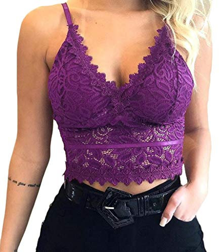 YJLX Top de encaje para mujer sin vientre, sujetador de encaje, sexy, sin vientre, elegante, tirantes delgados, camiseta de tirantes cortos, sin mangas, top de espagueti, Z Lila