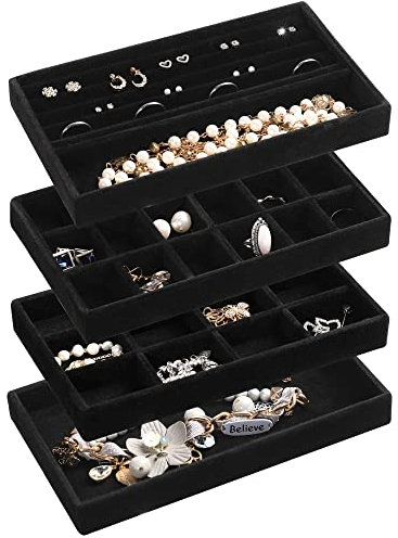 Frebeauty Vassoio organizer per gioielli, impilabile in velluto, inserti per cassetti, organizer per orecchini, per donne e ragazze, espositore per gioielli, anelli, collane, set di 4 (nero)