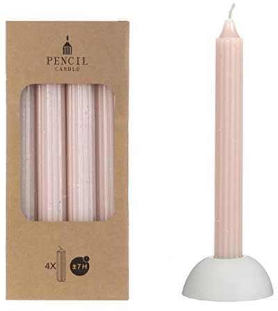 NaDeco Pencil-Kerzen, gerippt, im Set mit 4 Stück, Höhe 20cm, in vielen Farben erhältlich | Stabkerzen | Spitzkerze | Durchgefärbte Kerzen | Taper Candle | Vintage Kerzen, Farbe:Hellrosa