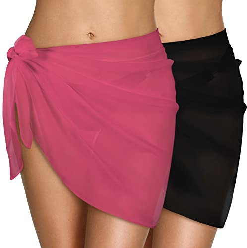 CMTOP Damen Strand Wrap Sarong Vertuschung Chiffon Badeanzug Kurz Bikini Cover up Wickelröcke Sexy Pareos Strandkleider zum Tragen über Badeanzügen(Schwarz+rosarot, Einheitsgröße)