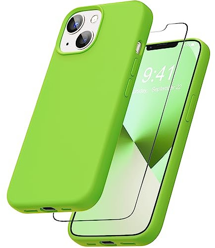 YATWIN Liquid Silicone Case Compatible for iPhone 13 with Tempered Glass Screen Protector, Slim Flexible Soft Full Body Shockproof Phone Case Compatible for iPhone 13 - Grass Green