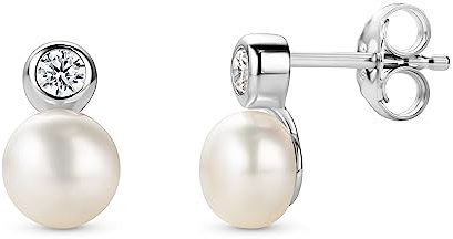Orovi Schmuck Damen Perlen Ohrstecker mit runde weiße Süßwasser Zuchtperlen umgeben von weißen Zirkonia in Brillantschliff Zeitlose klassische Perlen Ohrringe aus 925 Sterling Silber