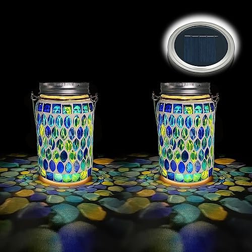 TOTHDATE 2PCS Solar Mosaik Leuchte für Außen, On/Off Glas Mosaik Hängend Licht Solarlaterne Tischleuchte IP65 Wasserdicht für Rasen Pfad Hof Deck Boden Teich, Blau Mosaik Licht