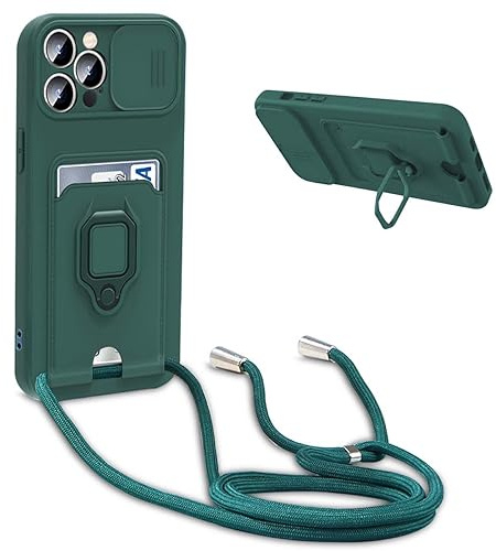 BGHHEU Handykette Schutzhülle kompatibel mit iPhone 13 Pro Handyhülle mit Band,Schiebe Kameraschutz,360 Grad Ringhalter Stand,Kartenfach,Verstellbarer Halskette Silikon hülle - Dunkel Grün