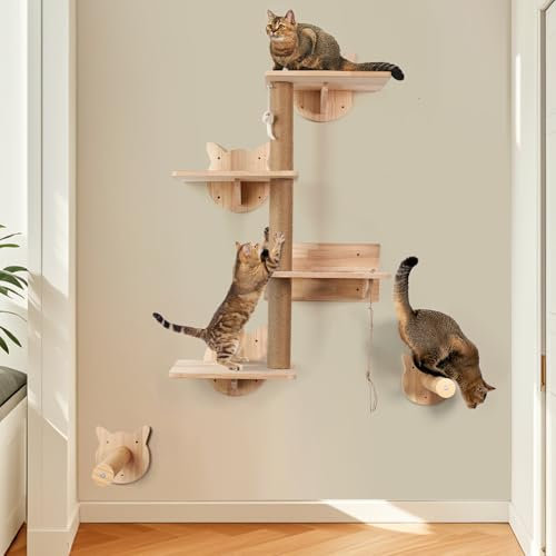 LitaiL Wandkratzbaum für Kleine bis Große Katzen bis 25KG, 110cm hoch, Kratzbaum Wandmontage aus Massivholz, Wand Katzen Kletterwand mit 3 Plattformen, 2 Katzentreppen, Vier stöckig