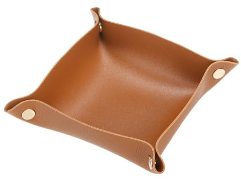 sourcing map PU Leder Schmuckträger 8.3x8.3 Klappbares Valet Fach Organizer Auffangschale für Reisetisch Nachttisch Schlüssel Münze Uhr Braun