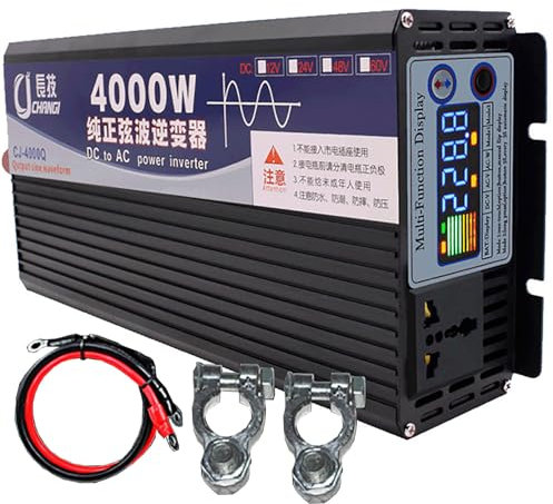Pure Sine Wave Inverter (3000-6000W), 12/24 / 48/60 / 72V - 220V, Power Transformer, LCD Screen + Multiple Protections, With Battery Cable,12V-4000W