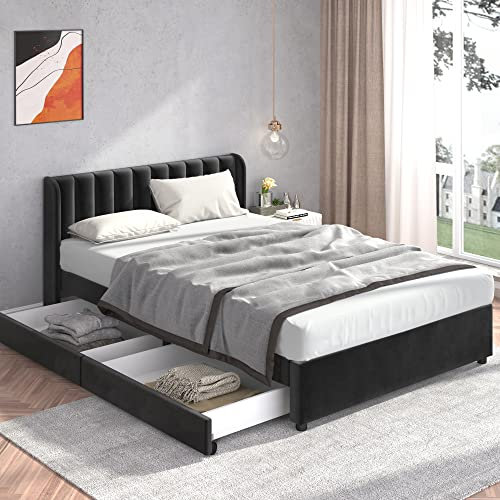 HESHU Polsterbett 160 x 200 cm mit 2 Schublade, Samt Doppelbett mit Stauraum, Bett mit Lattenrost, Kopfteil Rückenlehne, Modernes Bettgestell, Schwarz, ohne Matratze
