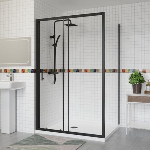 Aquariss 1200x1000mm Sliding Shower Enclosure 6mm Easy Clean Glass Bathroom Cubicle Screen Door with Side Panel Black