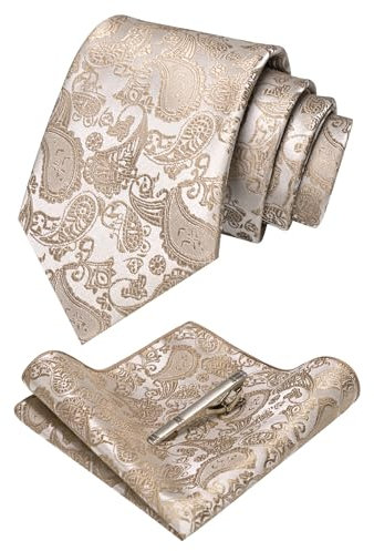 JEMYGINS graue Sandfarbe krawatte Paisley Seide Herren Krawatten und Einstecktuch mit krawattenklammer Sets