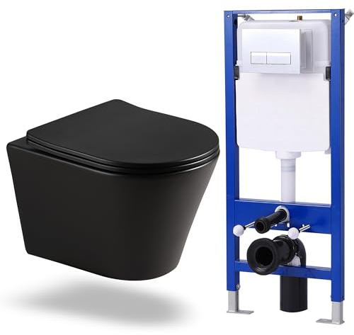 HOROW Hänge-WC Vorwandelement WC Set Toiletten Komplettset, Wand WC Set WC-Sitz Soft Close Unterputz Spülkasten Vorwandspülkasten Keramik Schwarze Schüssel +Drückerplatte