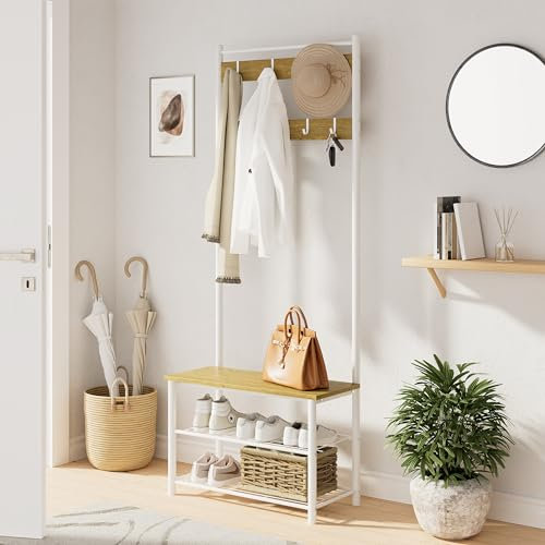 HEYZOEY Porte-manteau en bois avec assise, porte-manteau de couloir avec banc à chaussures et étagère à chaussures, étagère à 3 niveaux et 4 crochets amovibles, blanc