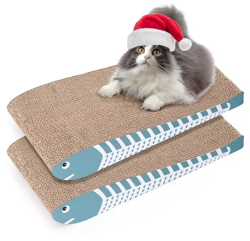 ComSaf Cat Scratching Board 2 Pack, Curved Scratcher Cardboard, Double-Sided Pad for Long Lasting Use, Cute Scratching Mat for Kitty (Blue)