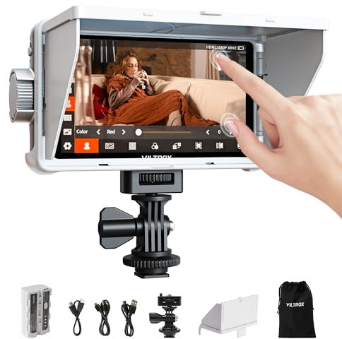 VILTROX DC-V1 Monitor de Campo para cámara con Pantalla táctil, 5,5 Pulgadas Monitor para cámara DSLR de con Parasol y batería, 3D LUT HDR 4K HDMI Entrada/Salida 1920x1080 IPS Focus Assist Monitor