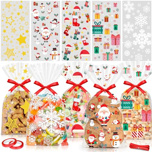 Elidepe Plätzchentüten, 100 Stück Kekstüten Weihnachten, Cellophantüten Tüten zum Befüllen, Weihnachtstüten zum Befüllen, Kleine Weihnachtstüte mit Schleife für Kekse, Schokolade, Süßigkeiten