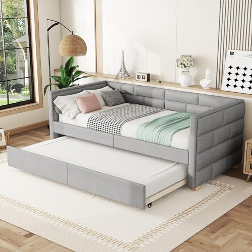 KUAKE Schlafsofa Polsterbett 90 x 200 cm, Ausziehbares Bettsofa, Ausziehbett mit Rollen, Linen minimalistisches Styling, Gästebett für Jugendliche und Kinder, Ohne Matratze (Grau)
