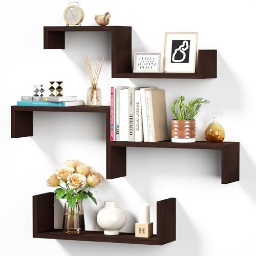 SRIWATANA Mensola da parete marrone, 5 pezzi, mensola da parete in legno, carico massimo 40 kg, decorazione da parete, fai da te, per soggiorno, bagno, camera da letto, ufficio, cucina (marrone)