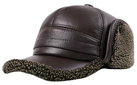 Herren-Hut mit Ohrenklappen, Rindsleder, warm, Fleecemütze, echtes Leder, Baseballmützen, Braunes Rindsleder, XXL