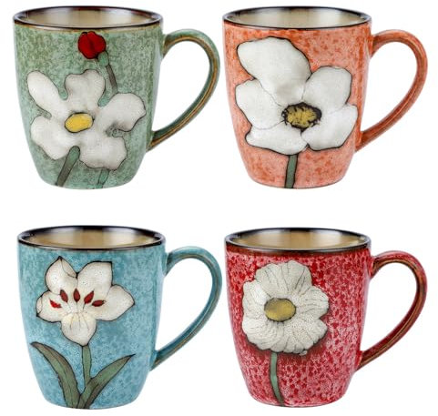 VanEnjoy Kaffeetassen-Set aus Keramik, Cappuccino-Tassen, Vintage-Kaffeetassen für Zuhause, Café, Blumen-Tassen für Tee, Latte, Espresso, 370 ml, 4 Stück