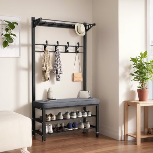 Emdmaltrix Kleiderständer garderobe mit sitzbank garderobe mit schuhschrank 2-stufiges Schuhregal mit Metallrahmen und 9 Haken freistehende Garderobe Kleiderständer for Flur(Black,100cmX33x172cm)