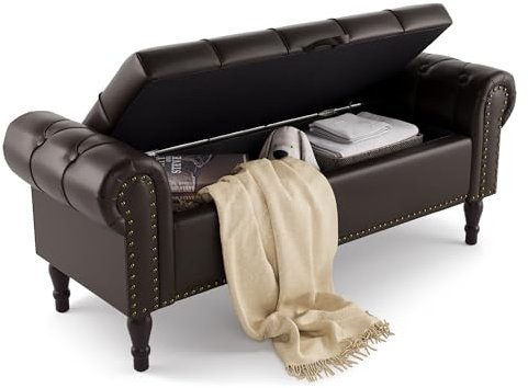LUE BONA Sitzbank mit Stauraum 130 cm,Sitzbank Bank mit Aufbewahrungsbox,Bettbank Gepolstertem Kissen,Sitztruhe mit Armlehnen aus PU-Kunstleder für Schlafzimmer,Flur,130 X 43 X50 cm,Dunkel-Braunn