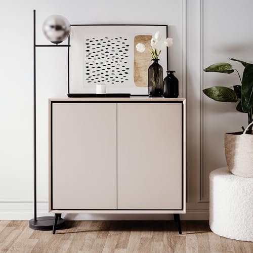 Newroom Kommode 90x90 cm Sideboard Schrank mit Türen - Moderne Kommode in Sandgrau Schwarz - Aufbewahrungsschrank für Wohnzimmer Flur Schlafzimmer - Möbel mit Softclose