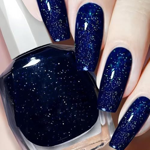 Shimmering Blue Glitter Nail Polish With Sparkling Silver Green Effect - Dark Blue Chrome Gel Varnish For Glossy Long Lasting Party And Evening Occasions, Not Quick Dry Formula