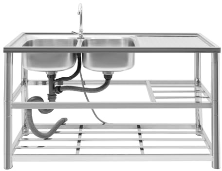 Fregadero comercial de acero inoxidable con 2 compartimentos para cocina con mesa de preparación