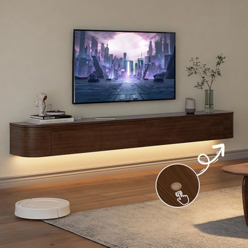 Coubird Floating TV Stand Cabinet wall mounted Rustic Brown Floating tv Shelves with LED light & Doors & Drawer Modern Media Entertainment TV Console Storage TV Unit for Living Room (160cm/63in)