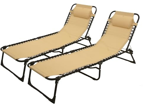Solterra Garden Sun Lounger with Headrest – Two Pack - Adjustable Reclining Outdoor Garden Chair – Durable & Lightweight Recliner for Patio, Beach, Camping – 189x80x56cm (Beige)