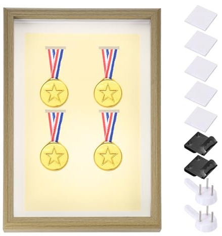 PATIKIL 320x230mm vertikal skuggram för trämedaljvisning med 2 häftstift och krok 4 väggklistermärken eller bord för att visa biljetter foton och medaljer