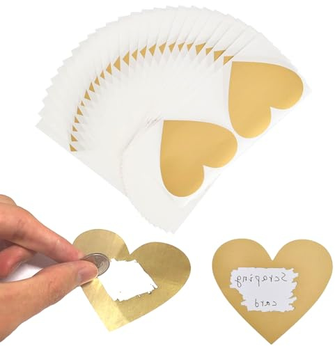 YUVKIN 50 unidades de pegatinas en forma de corazón, crea tus propios boletos raspables, stickers para rascar ideales para bodas, Navidad, vales de viaje, regalos de cumpleaños (6x7cm) (dorado)