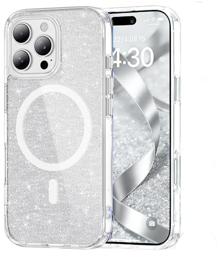 SIYOPINPFY Glitter Case for iPhone 14 Pro Max Magnetic Sparkly Silver JY | Compatible with MagSafe , Built-in N52 Strong Magnets , Anti-Yellow Shockproof , Clear Cute Shiny Cover for Women Girls Boy