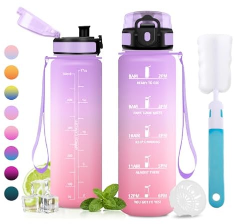 JAPORIA Borraccia 500ml, Borraccia con Indicatore del Tempo Motivazionale, a Prova di Perdite, Bottiglia Acqua con Filtro, Borracce senza BPA per Scuola, Studenti, Ufficio, Palestra